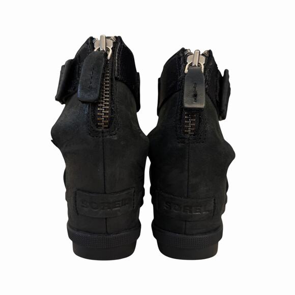Sorel Joanie II Black Leather Ankle Strap Wedge Sandal Size 9 - Picture 4 of 6